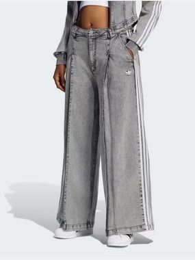 adidas Washed Grey Wide-Leg Flare Jeans with White Side Stripes